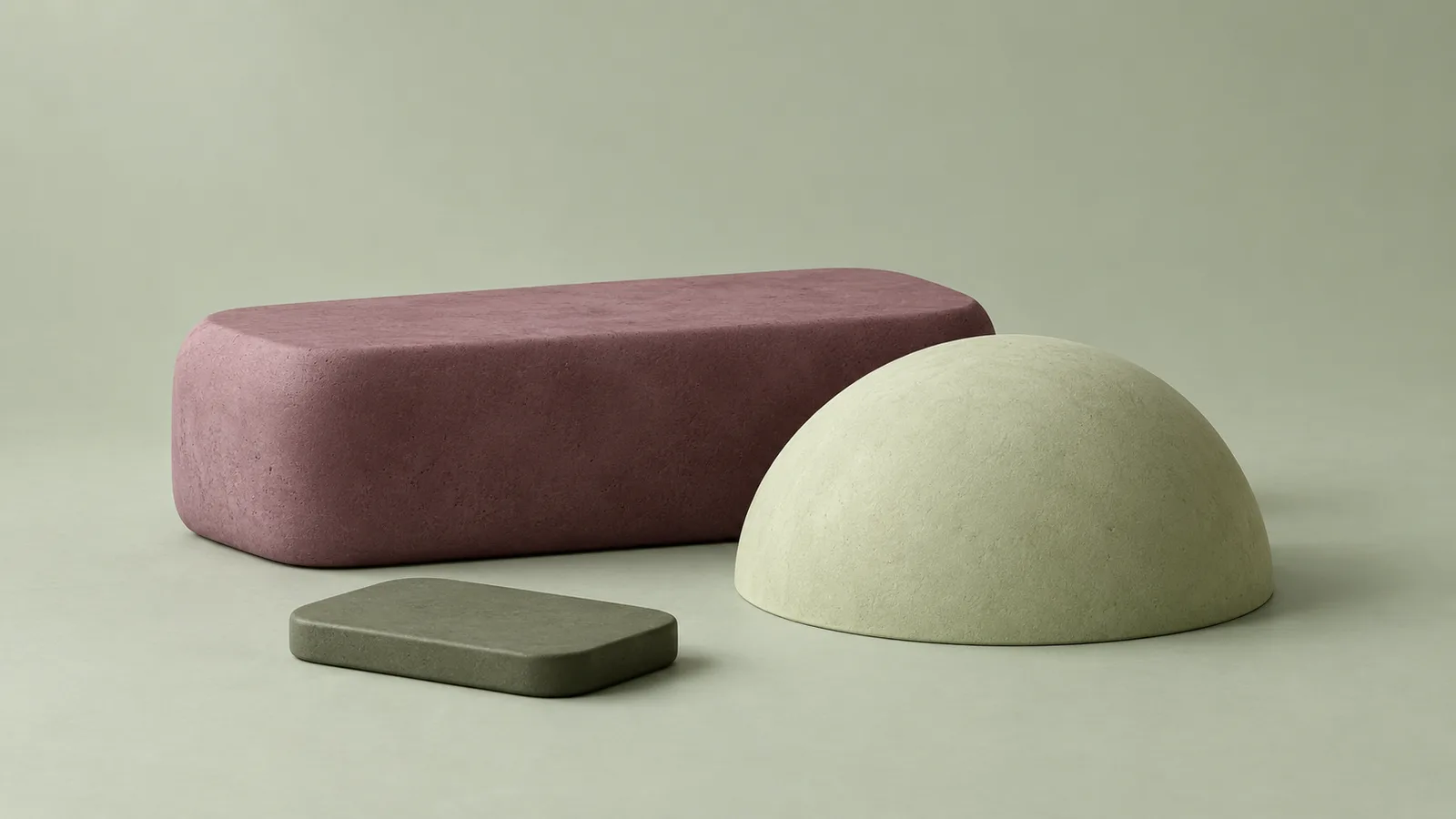 Dusty plum block, pistachio hemisphere and olive tile on a pale sage surface — Sage & Plum from Quiet Forms